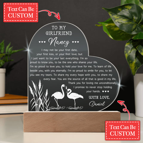 Flamingo I May Not Be Your First Date Personalized Name Engraved Acrylic Heart Plaque
