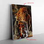 Christian Lion With Thunder Behind The Knight Poster Canvas, Lion And Warrior Art Frame Canvas All Size