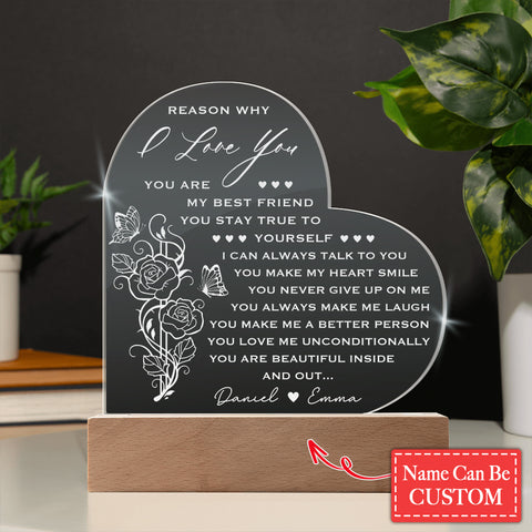 Personalized Name Reason Why I Love You Engraved Acrylic Heart Plaque