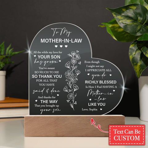 All The While My Love For YOUR SON Gifts For Mother's Day Personalized Name Engraved Acrylic Heart Plaque