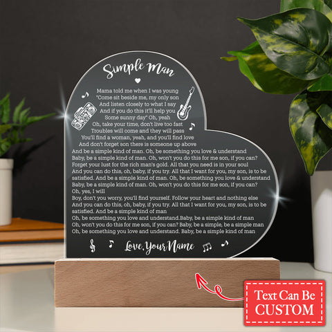 Simple Man Song Lyrics Custom Name Engraved Acrylic Heart Plaque