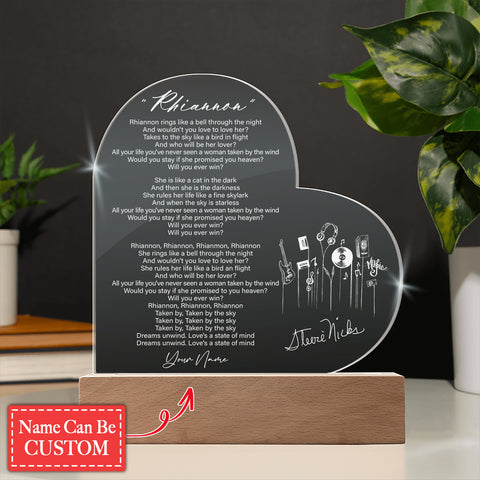 Stevie Nicks Rhiannon Lyric Custom Name Engraved Acrylic Heart Plaque