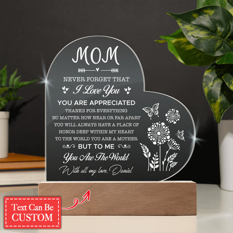 MOM Never Forget That I LOVE YOU Gifts For Mother's Day Personalized Name Engraved Acrylic Heart Plaque