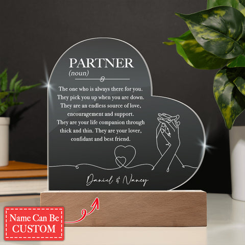 Partner (Noun) Custom Name Engraved Acrylic Heart Plaque