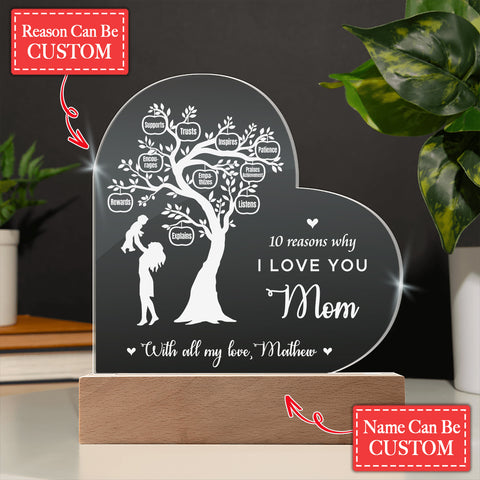 Reason Tree, 10 Reasons I Love You Mom Gifts For Mother's Day Custom Name Engraved Acrylic Heart Plaque