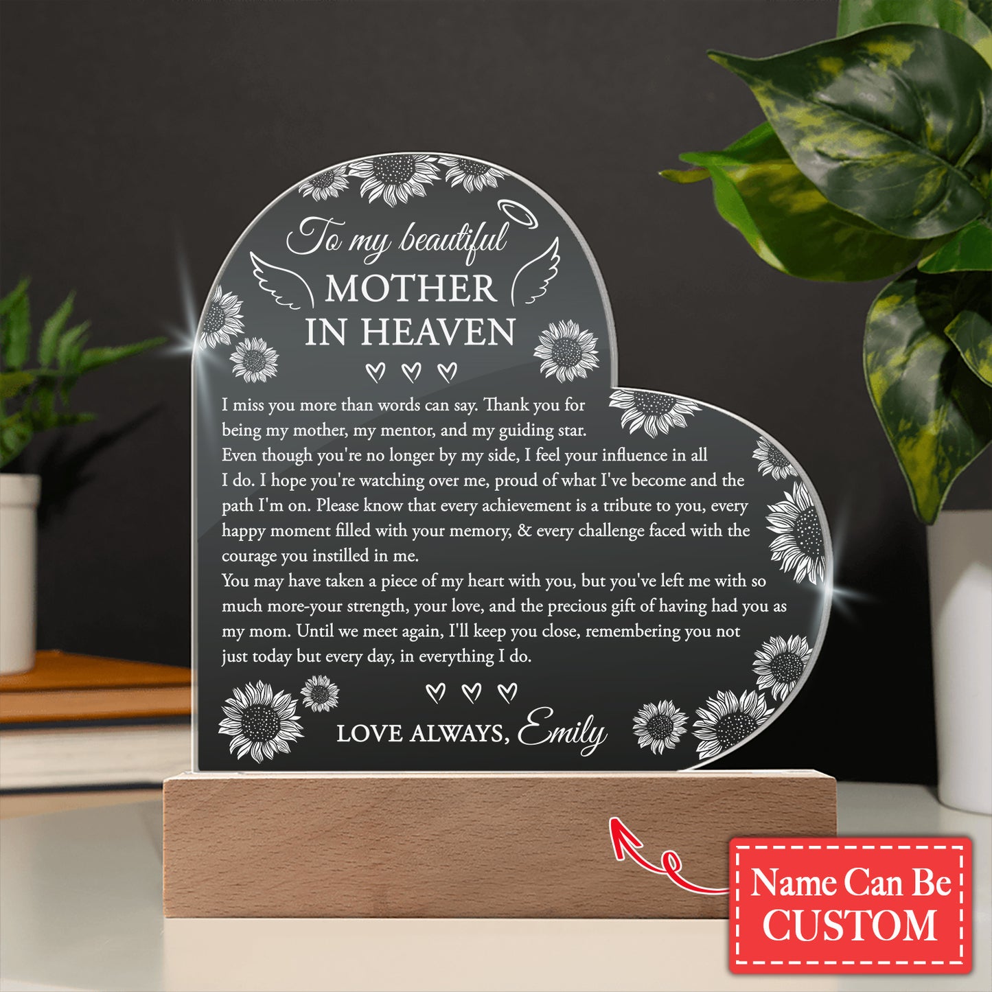 To My Beautiful MOTHER IN HEAVEN Gifts For Mother's Day Custom Name Engraved Acrylic Heart Plaque