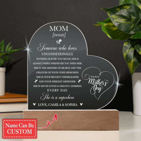 Mom [noun] Someone Who Loves Unconditionally Gifts For Mother's Day Custom Name Engraved Acrylic Heart Plaque