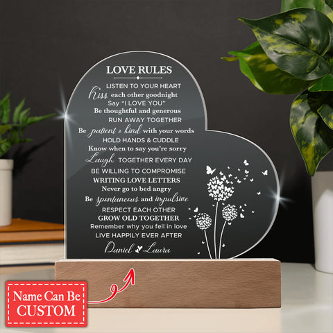 Love Rules Custom Name Engraved Acrylic Heart Plaque