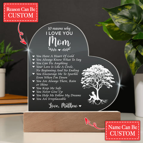 10 Reasons Why I Love You Mom Gifts For Mother's Day Custom Name Engraved Acrylic Heart Plaque