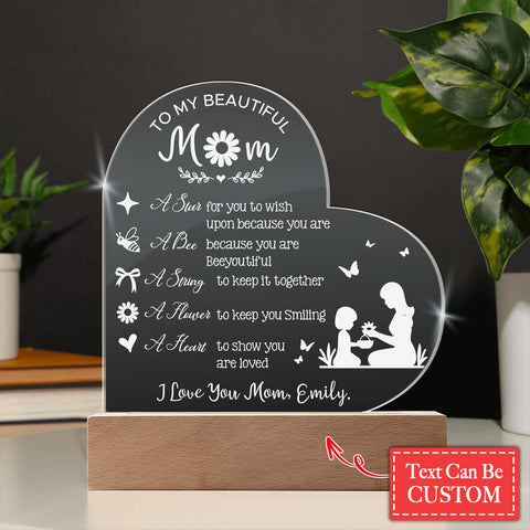 I LOVE YOU MOM Gifts For Mother's Day Custom Name Engraved Acrylic Heart Plaque