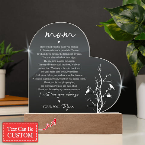 Mom I Will Love You Always Gifts For Mother's Day Custom Name Engraved Acrylic Heart Plaque