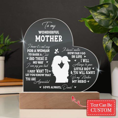 To My Wonderful Mother Gifts For Mother's Day Personalized Name Engraved Acrylic Heart Plaque