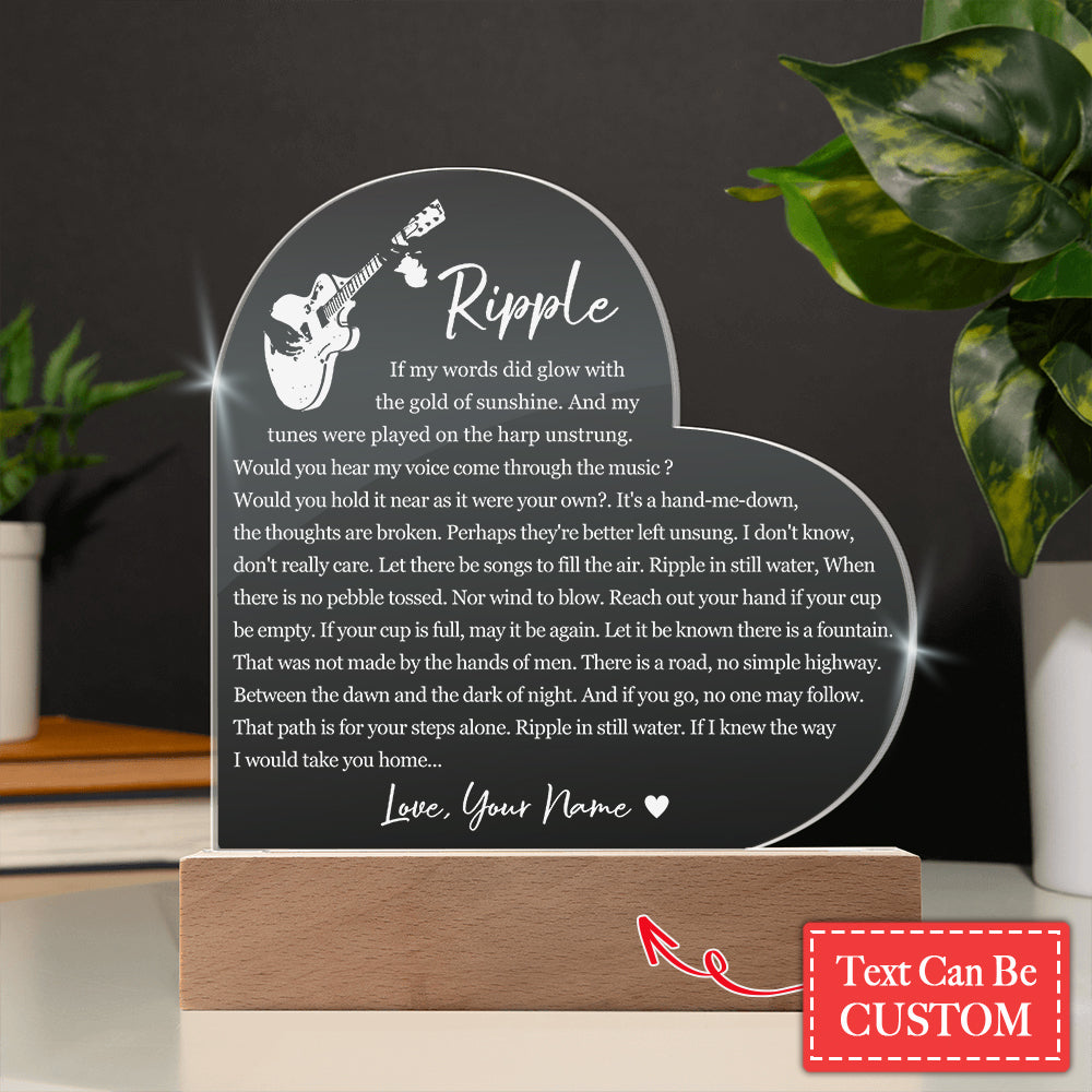 Grateful Dead Ripple Lyric Heart Shape Custom Name Engraved Acrylic Heart Plaque