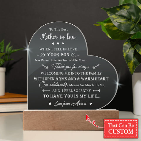 To The Best Mother In Law Gifts For Mother's Day Personalized Name Engraved Acrylic Heart Plaque