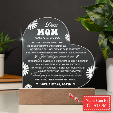 Thank You For Everything You Done To Me Gifts For Mother's Day Custom Name Engraved Acrylic Heart Plaque