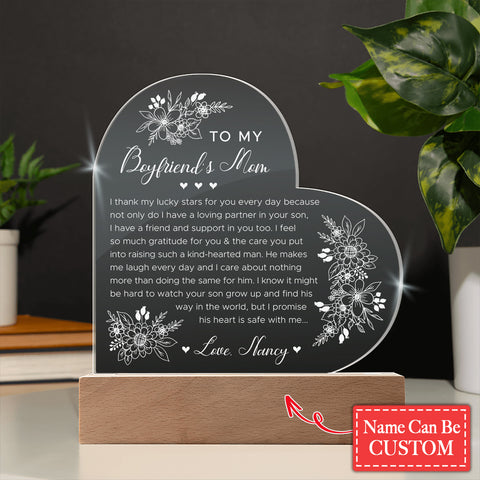 To My Boyfiend's Mom Gifts For Mother's Day Personalized Name Engraved Acrylic Heart Plaque