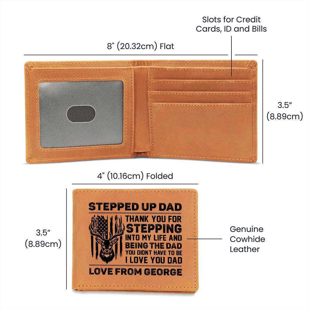 STEPPED UP DAD, DEER & FLAG Gifts For Father's Day Personalized Name Graphic Leather Wallet