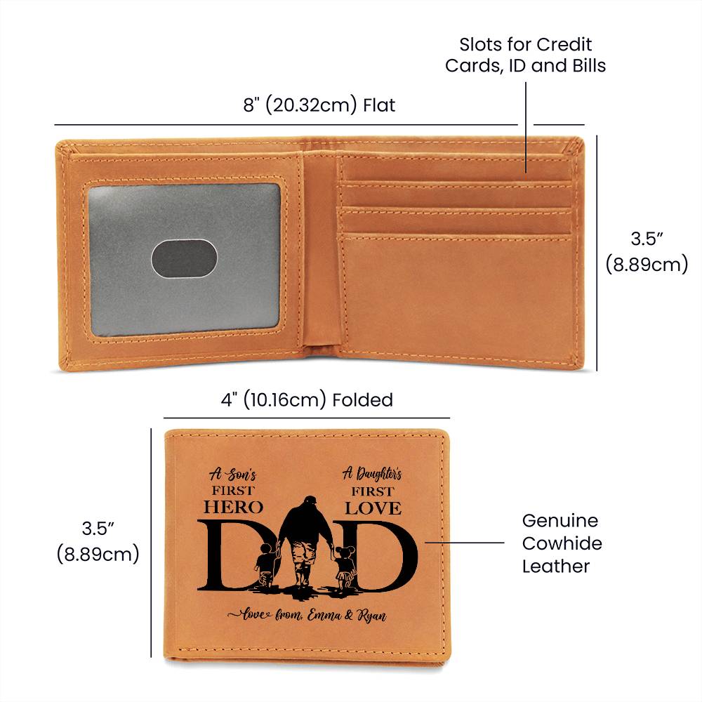 DAD, A Son's First Hero. A Daughter's First Love Gifts For Father's Day Personalized Name Graphic Leather Wallet