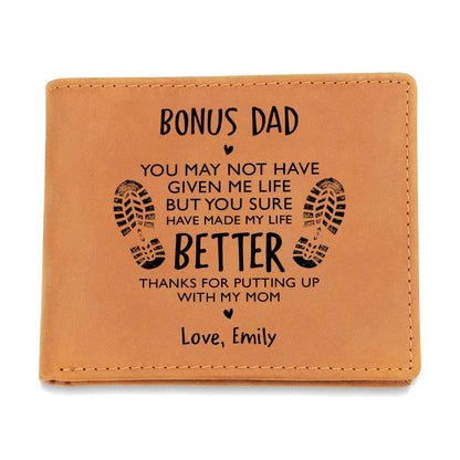 Bonus Dad, Thanks For Putting Up With My Mom Gifts For Father's Day Personalized Name Graphic Leather Wallet