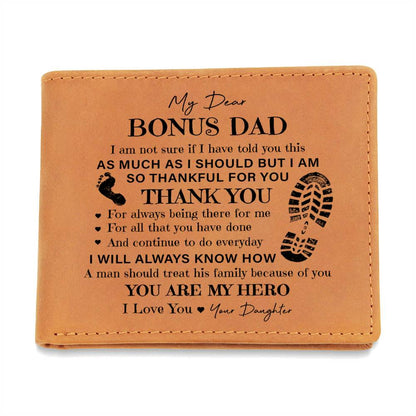 My Dear Bonus Dad, You Are My Hero Gifts For Father's Day Custom Name Graphic Leather Wallet