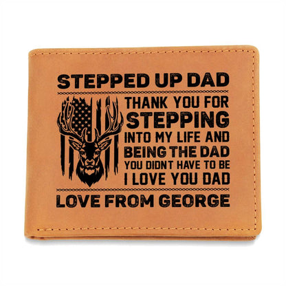 STEPPED UP DAD, DEER & FLAG Gifts For Father's Day Personalized Name Graphic Leather Wallet