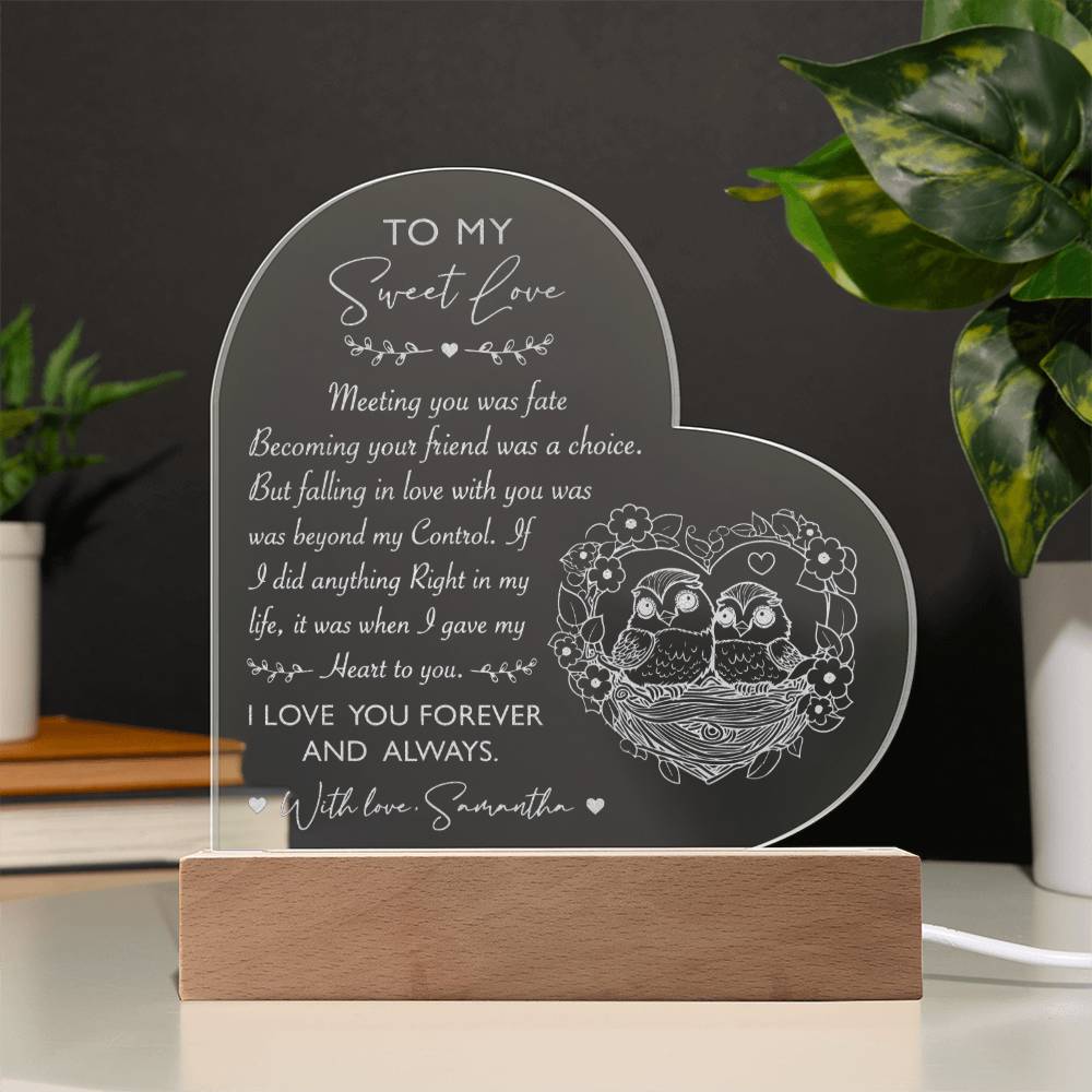 Owl Couple I Love You Forever And Always Personalized Name Engraved Acrylic Heart Plaque