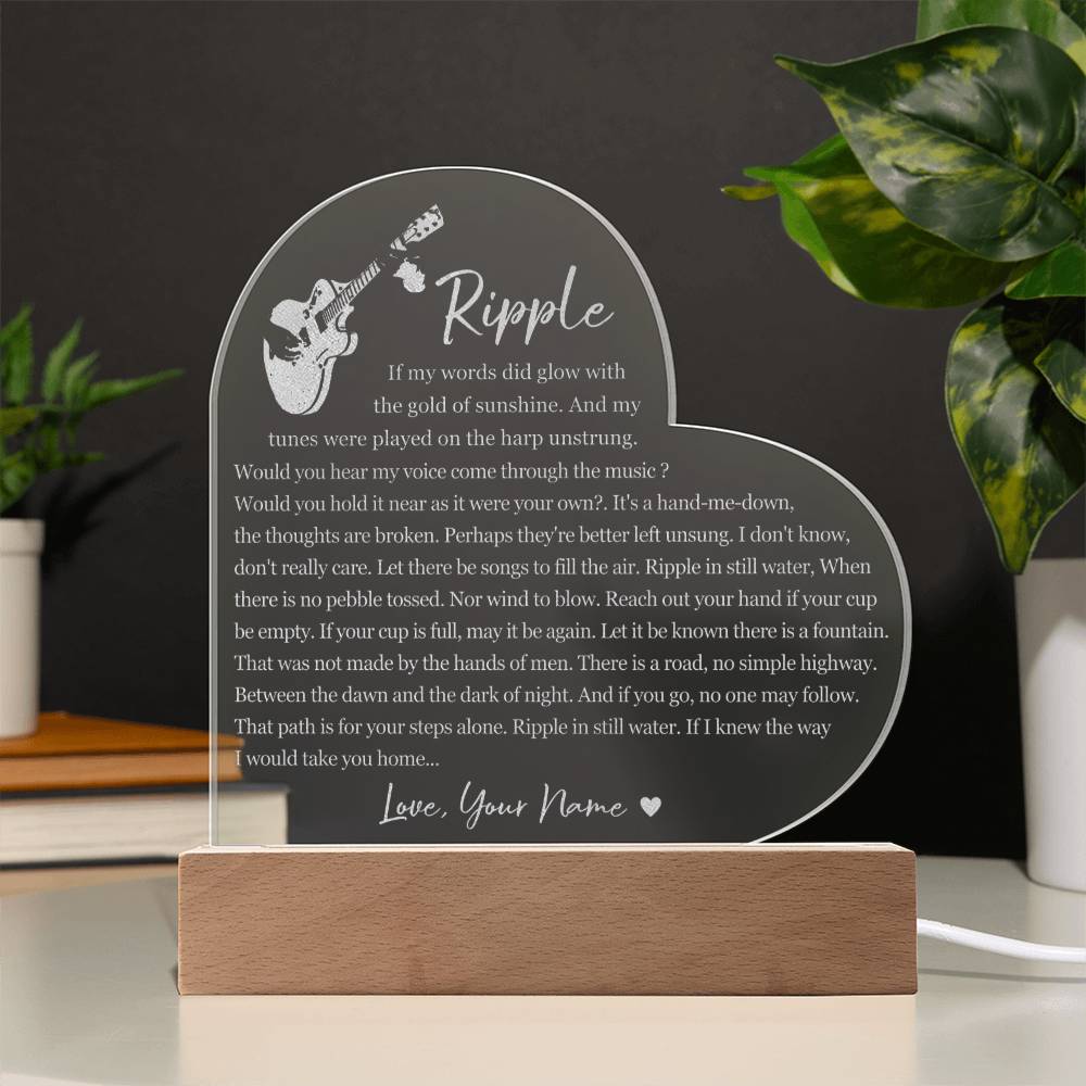 Grateful Dead Ripple Lyric Heart Shape Custom Name Engraved Acrylic Heart Plaque