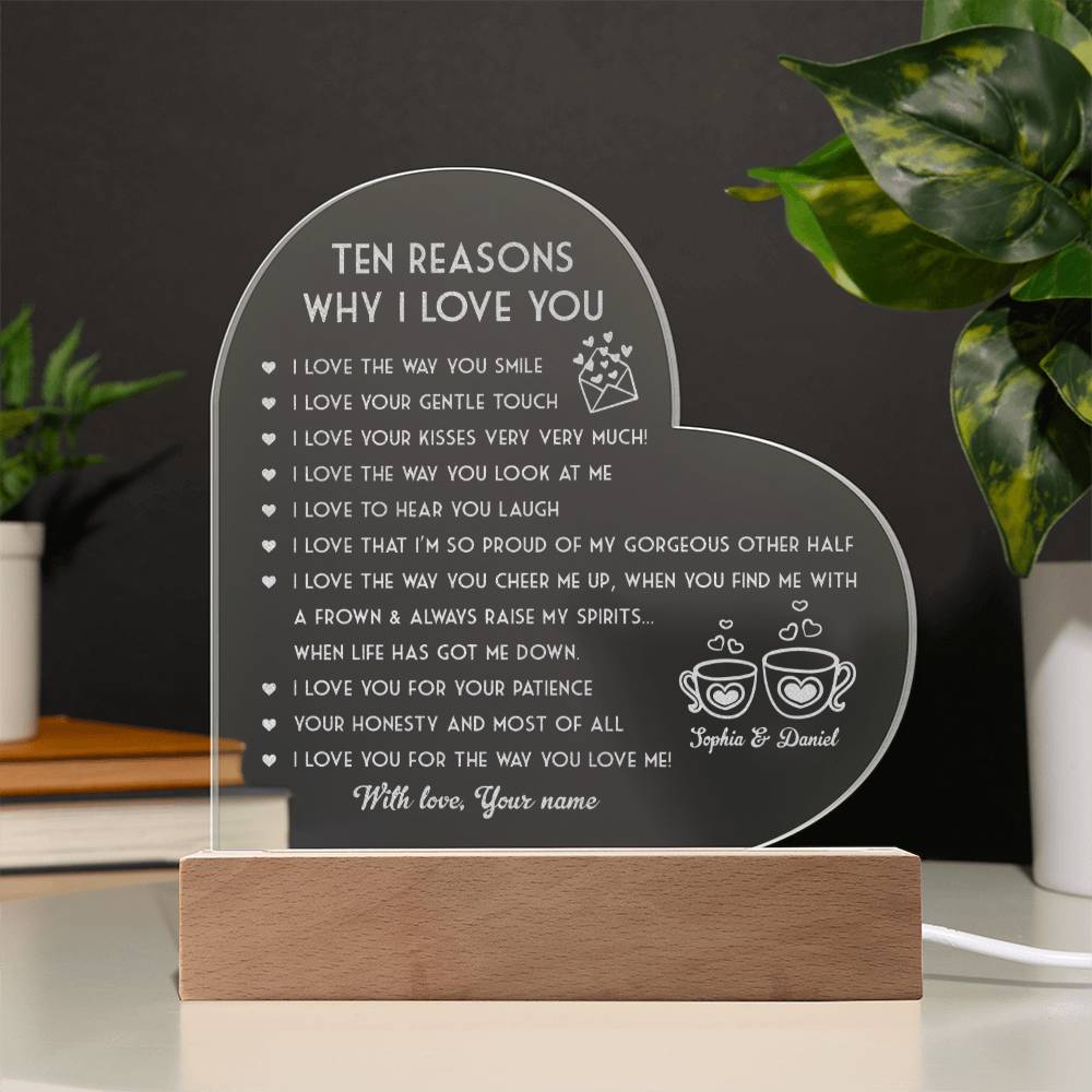 Ten Reasons Why I Love You Personalized Name Engraved Acrylic Heart Plaque