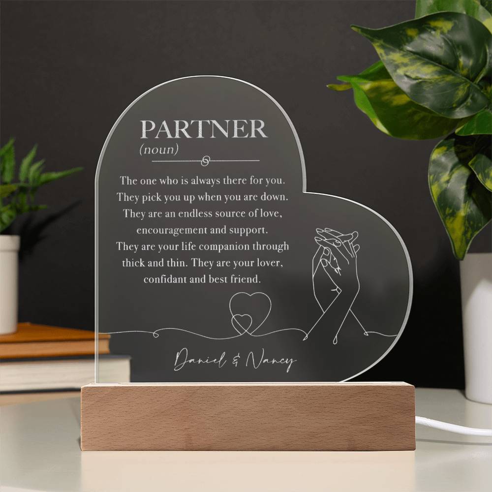 Partner (Noun) Custom Name Engraved Acrylic Heart Plaque