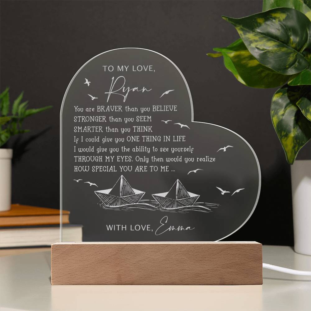 Custom Name Seagulls Over The Sea Engraved Acrylic Heart Plaque