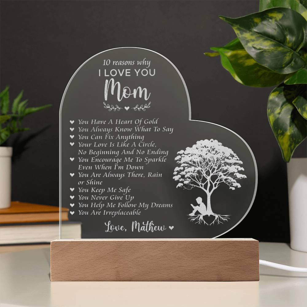 10 Reasons Why I Love You Mom Gifts For Mother's Day Custom Name Engraved Acrylic Heart Plaque