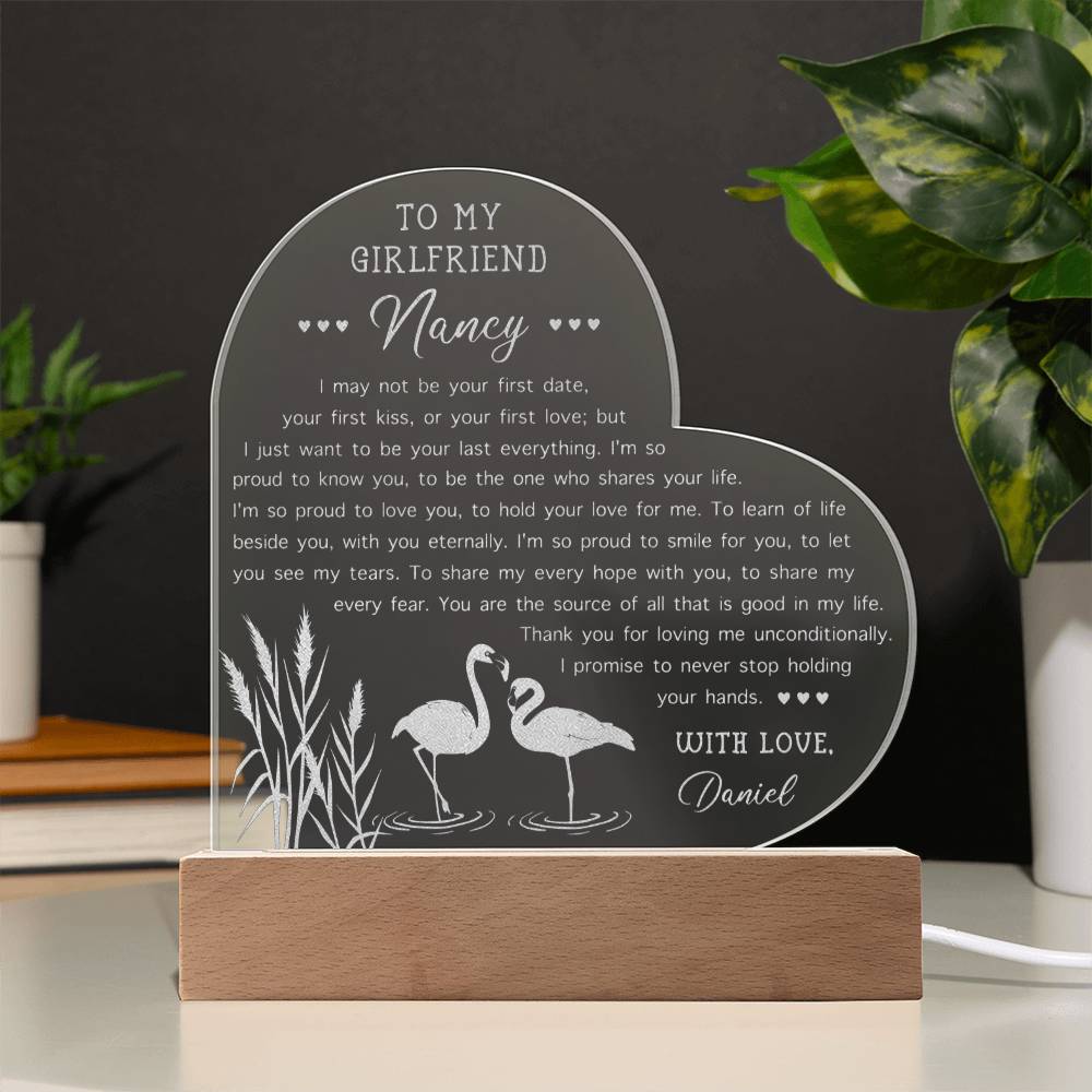 Flamingo I May Not Be Your First Date Personalized Name Engraved Acrylic Heart Plaque