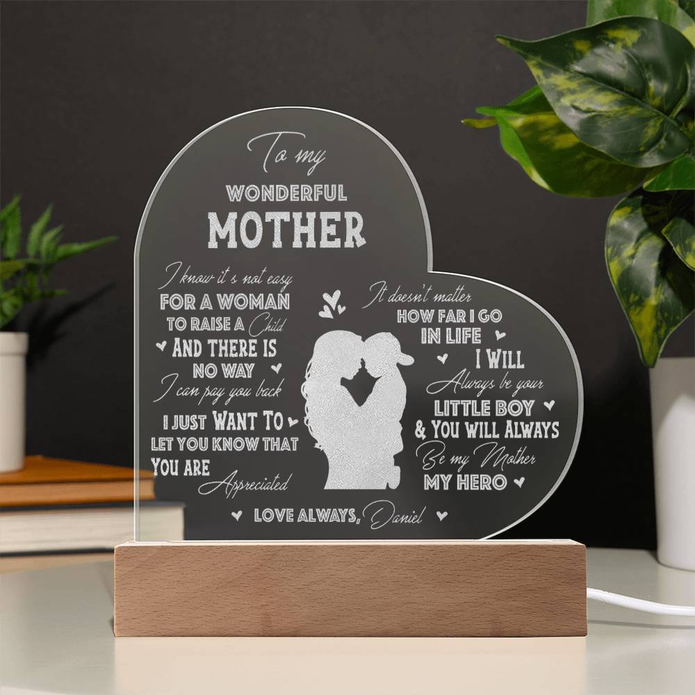 To My Wonderful Mother Gifts For Mother's Day Personalized Name Engraved Acrylic Heart Plaque