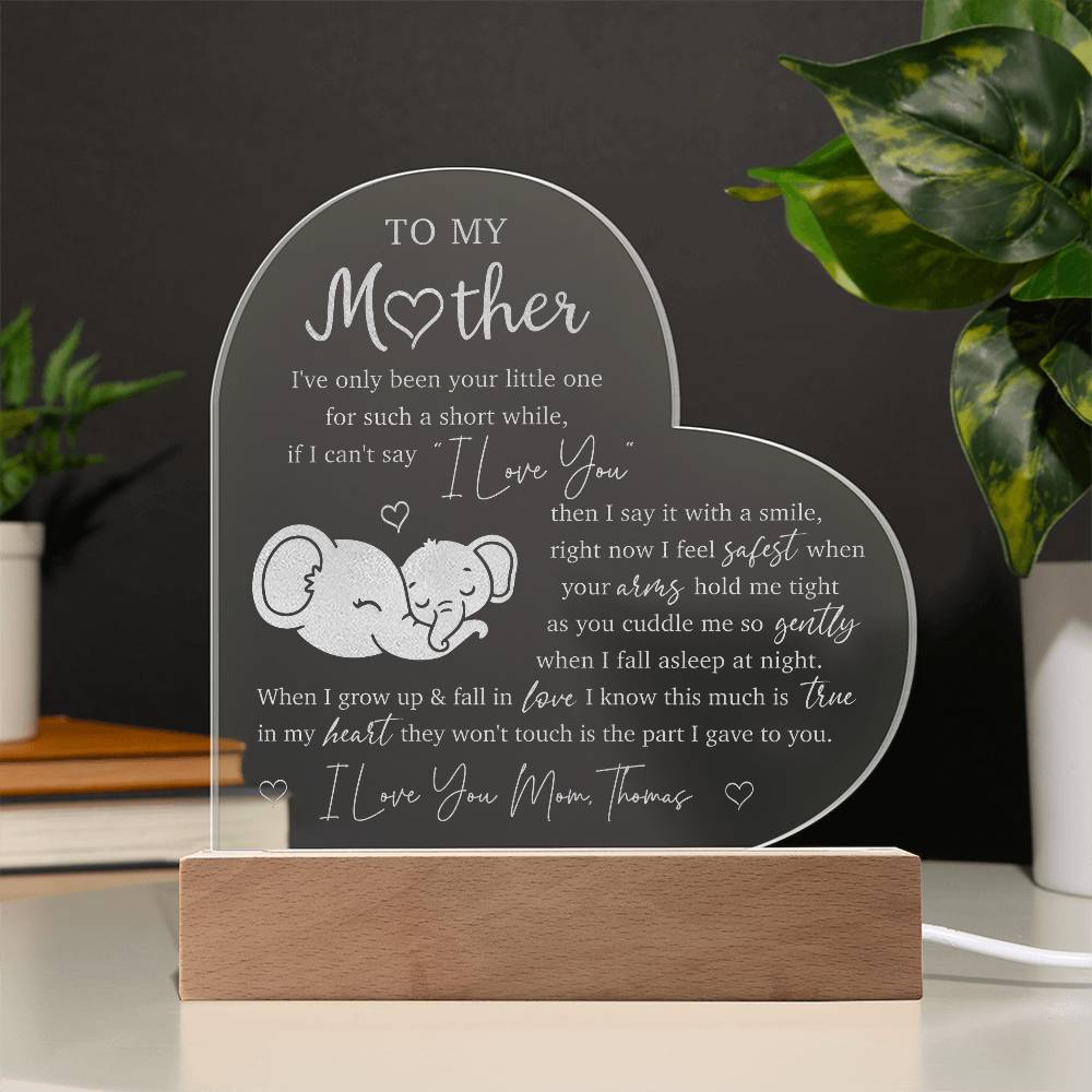 MOM BABY ELEPHANT Gifts For Mother's Day Personalized Name Engraved Acrylic Heart Plaque