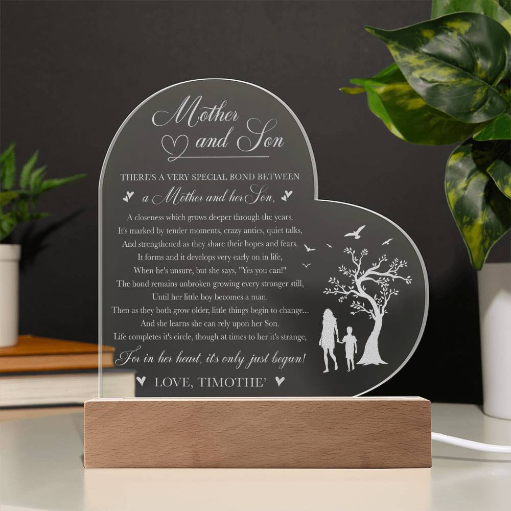 Mother and Son There's A Very Special Bond Between Gifts For Mother's Day Custom Name Engraved Acrylic Heart Plaque