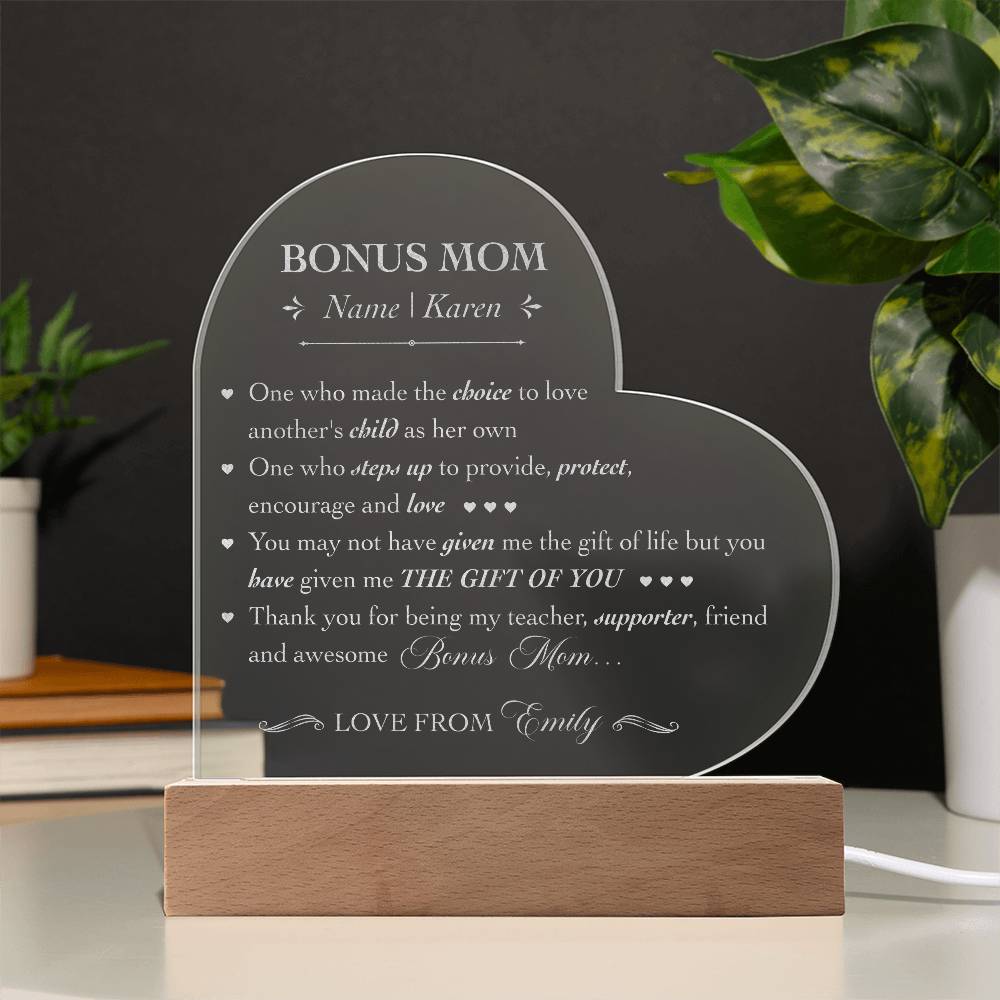 Bonus Mother Definition & Meaning Gifts For Mother's Day Personalized Name Engraved Acrylic Heart Plaque
