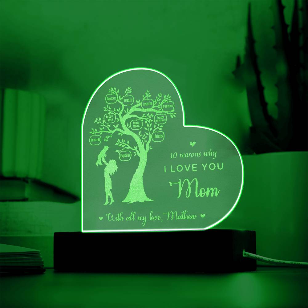 Reason Tree, 10 Reasons I Love You Mom Gifts For Mother's Day Custom Name Engraved Acrylic Heart Plaque