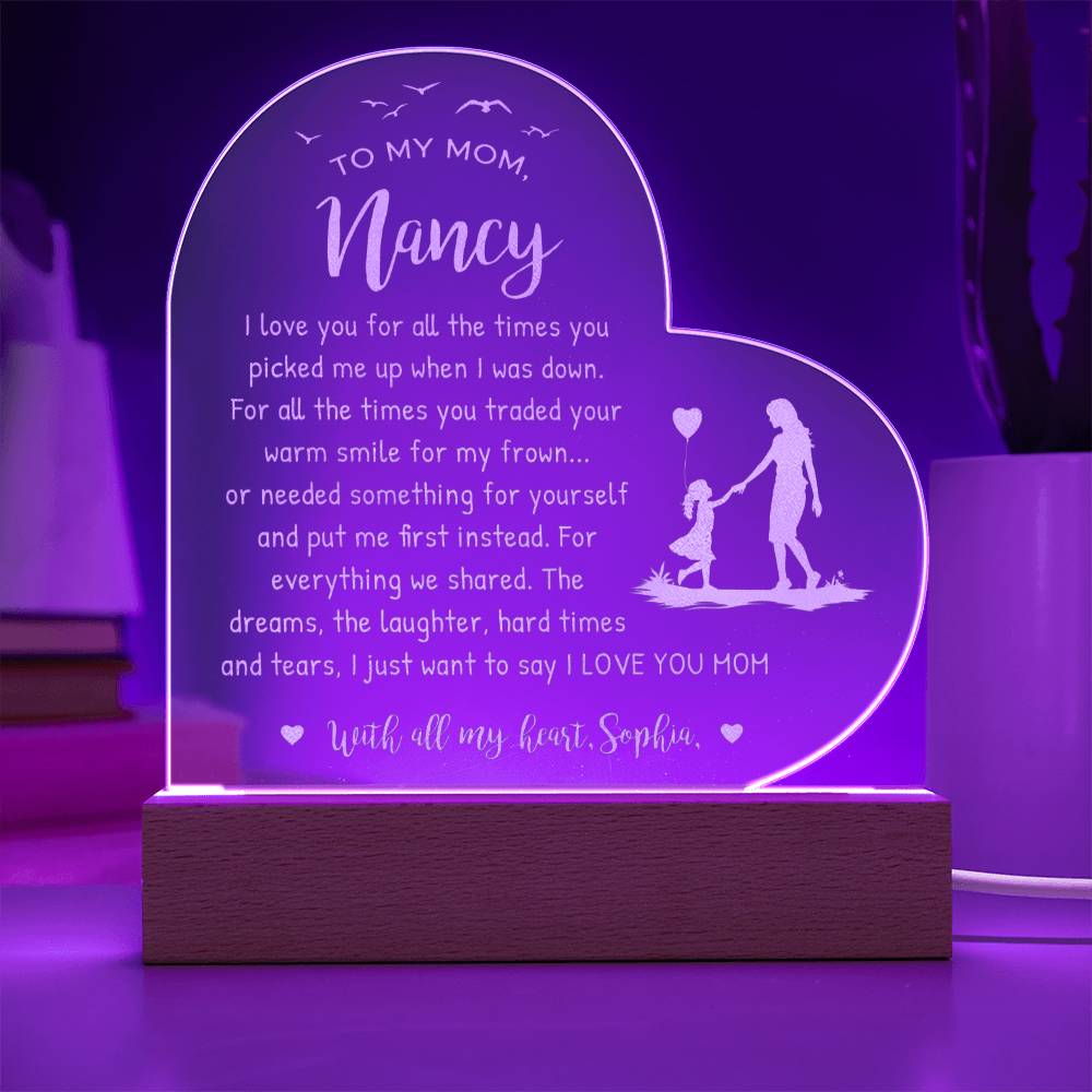 Mom, I Love You For All The Times Gifts For Mother's Day Custom Name Engraved Acrylic Heart Plaque