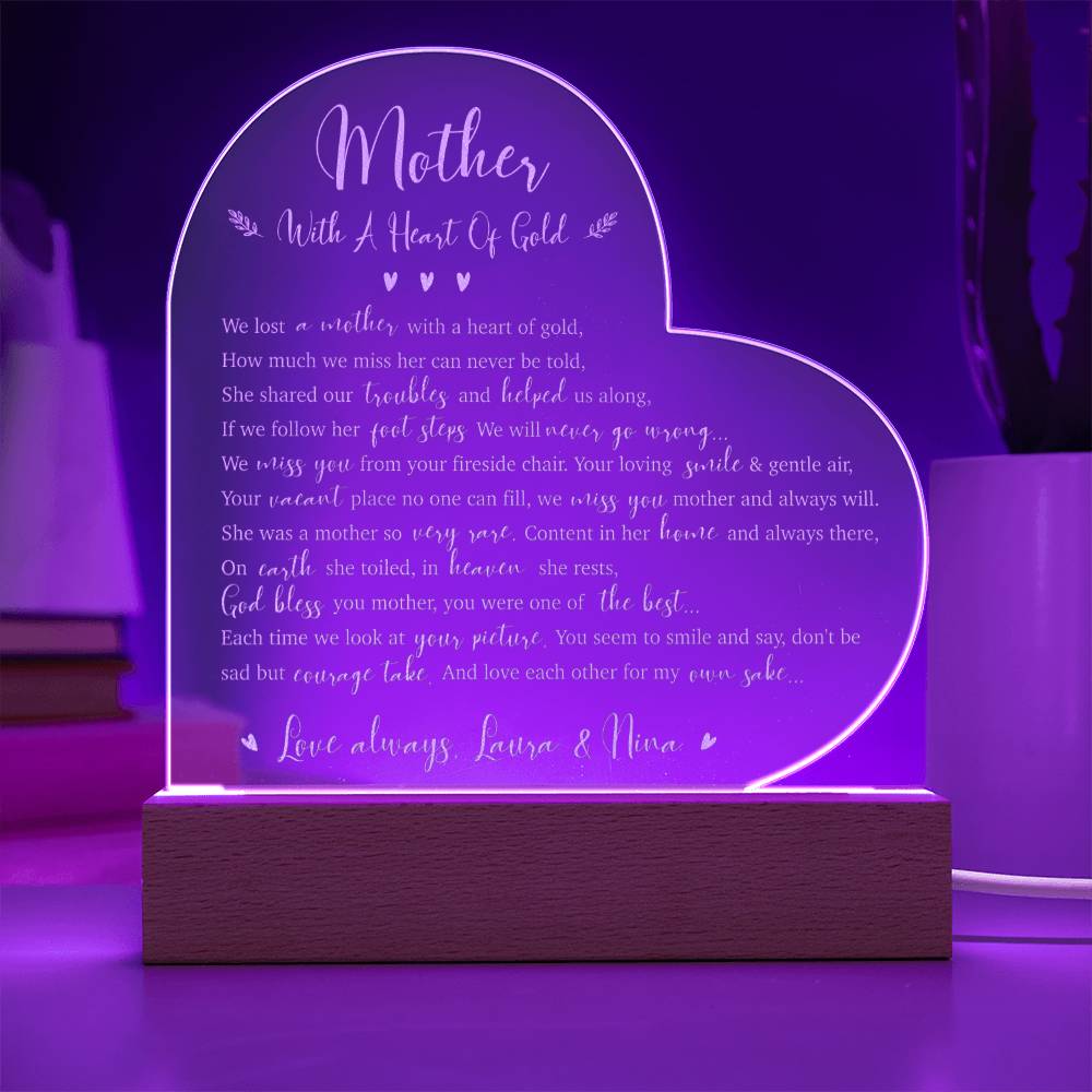 We Lost A Mothey With A Heart Of Gold Gifts For Mother's Day Custom Name Engraved Acrylic Heart Plaque