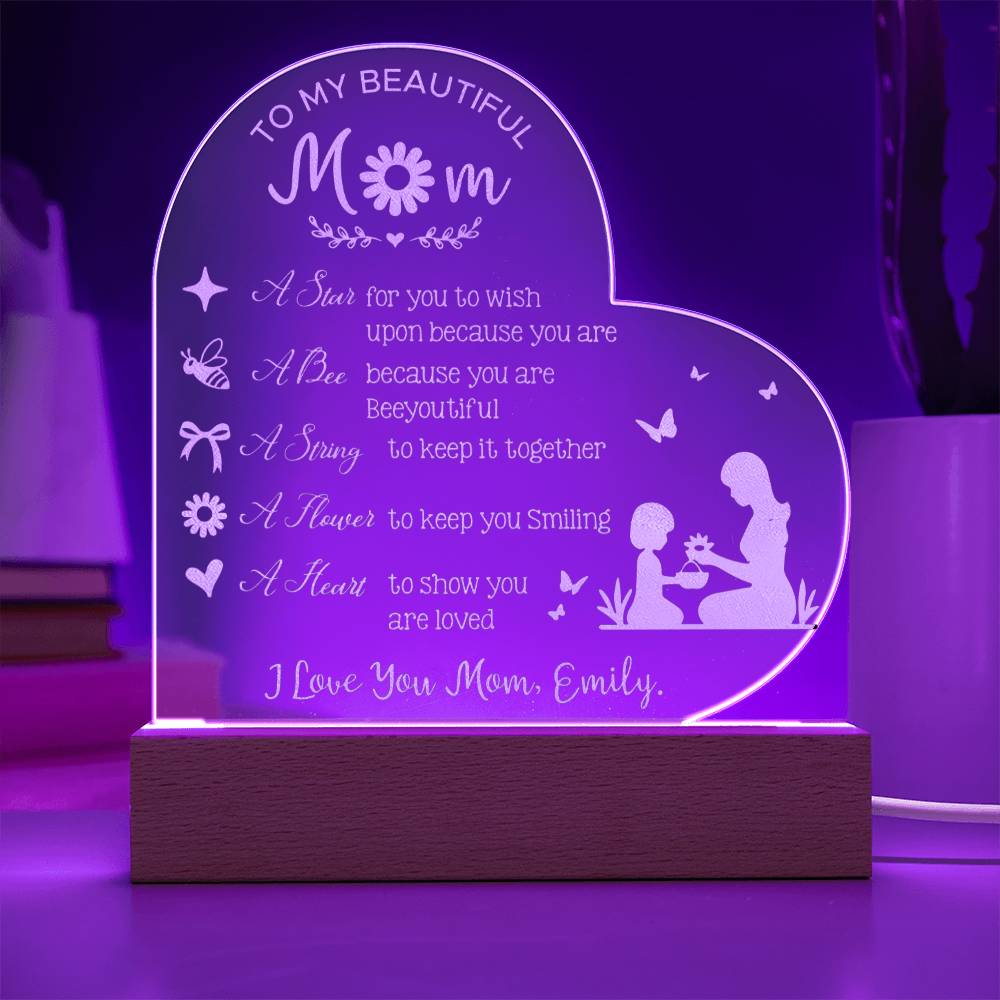 I LOVE YOU MOM Gifts For Mother's Day Custom Name Engraved Acrylic Heart Plaque