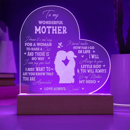 To My Wonderful Mother Gifts For Mother's Day Personalized Name Engraved Acrylic Heart Plaque