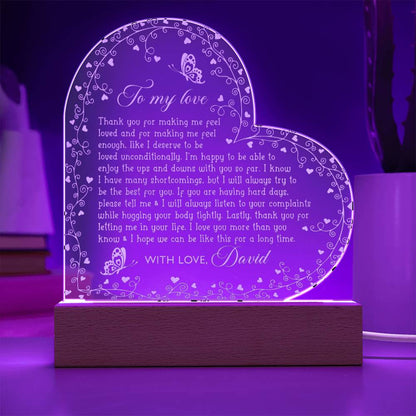 Thank You For Making Me feel Loved And For Making Me Feel Enough Custom Name Engraved Acrylic Heart Plaque