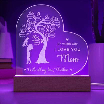 Reason Tree, 10 Reasons I Love You Mom Gifts For Mother's Day Custom Name Engraved Acrylic Heart Plaque