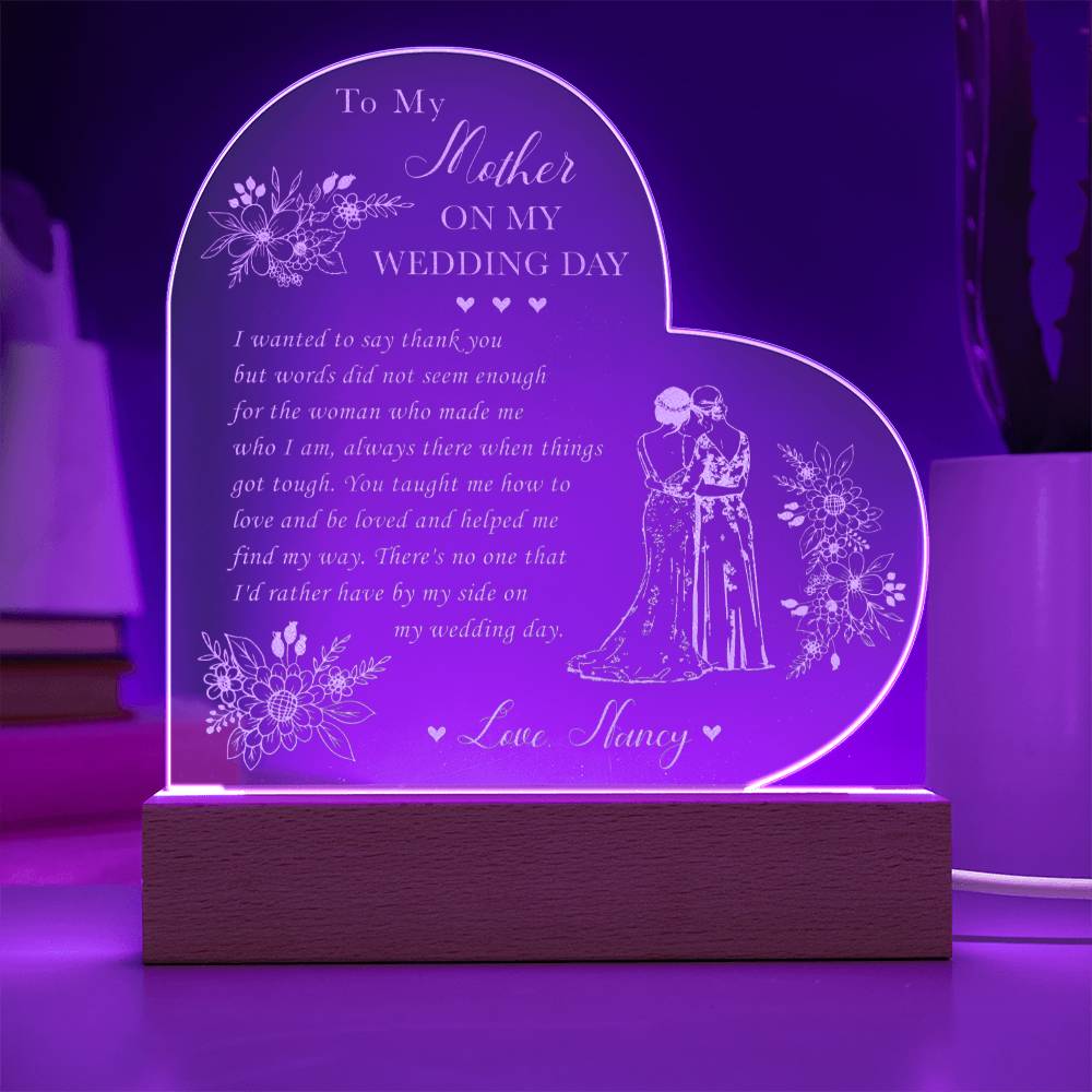 To My Mother ON MY WEDDING DAY Gifts For Mother's Day Personalized Name Engraved Acrylic Heart Plaque