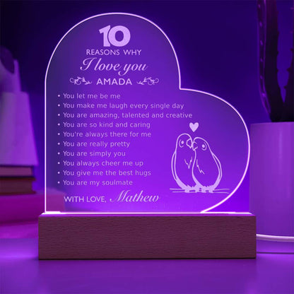 Custom Name 10 Reasons Why I Love You Engraved Acrylic Heart Plaque