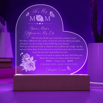 Mom You've Made A Difference in My Life Gifts For Mother's Day Personalized Name Engraved Acrylic Heart Plaque