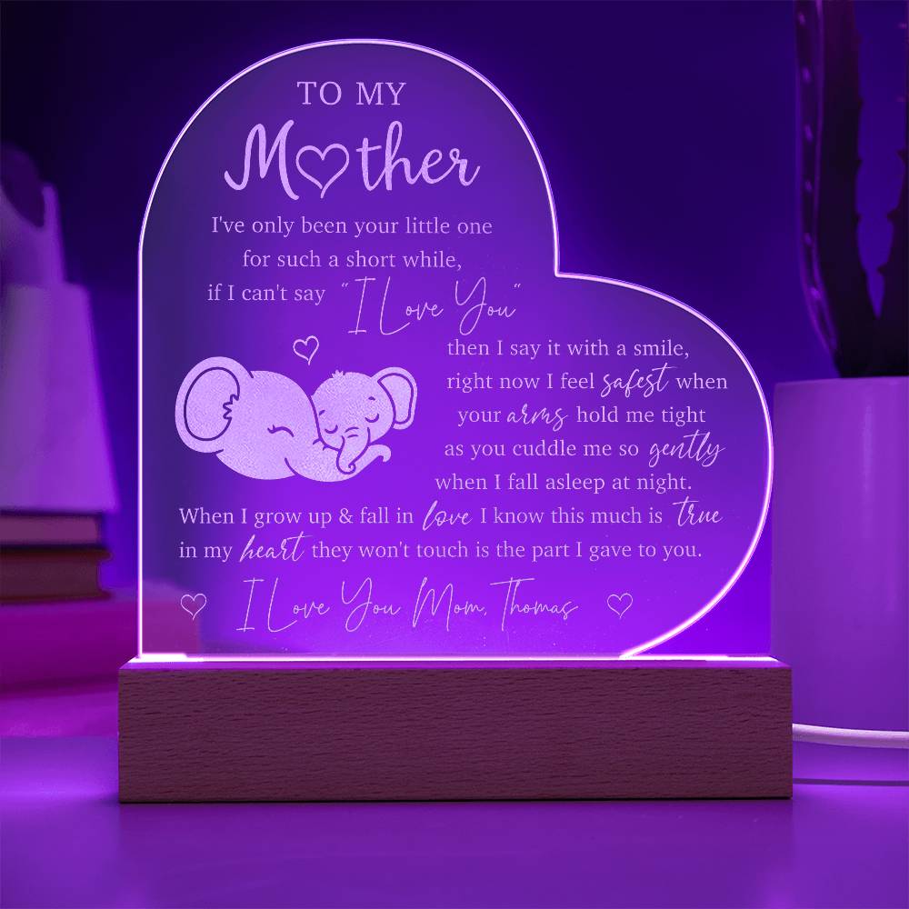 MOM BABY ELEPHANT Gifts For Mother's Day Personalized Name Engraved Acrylic Heart Plaque