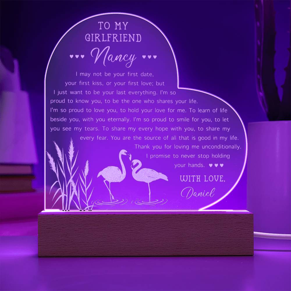 Flamingo I May Not Be Your First Date Personalized Name Engraved Acrylic Heart Plaque