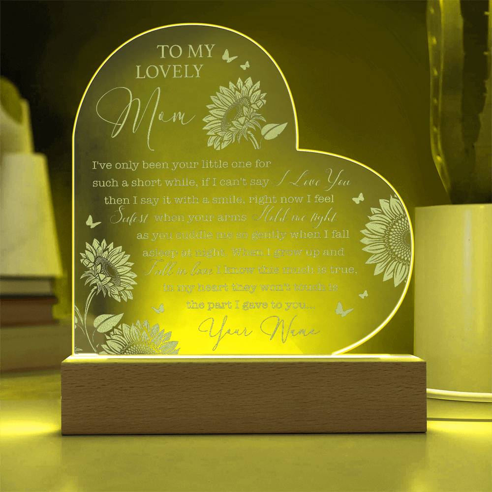 TO MY LOVELY MOM, SUNFLOWER & BUTTERFLY Gifts For Mother's Day Personalized Name Engraved Acrylic Heart Plaque