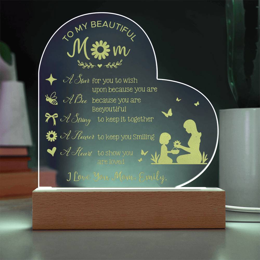 I LOVE YOU MOM Gifts For Mother's Day Custom Name Engraved Acrylic Heart Plaque